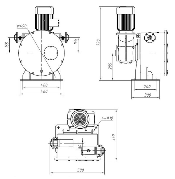 Construction and dimensions of single roller hose pump